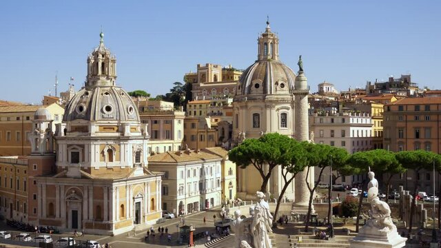 Church of Santa Maria di Loreto and Trajan column. View from Altar of the Fatherland in Rome, Italy