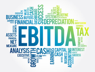 EBITDA (Earnings before interest, taxes, depreciation and amortization) word cloud collage, business concept background