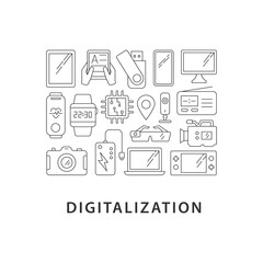 Digitalization abstract linear concept layout with headline. Industry 4.0 minimalistic idea. Digital transformation thin line graphic drawings. Isolated vector contour icons for background