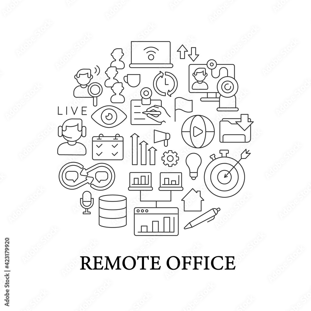 Fototapete Remote office abstract linear concept layout with headline. Virtual meetings. Freelancer minimalistic idea. Marketing strategy thin line graphic drawings. Isolated vector contour icons for background