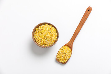 yellow moong mung dal lentil pulse bean on white background.