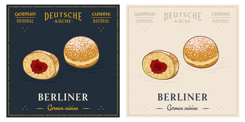 Berliner German doughnut with jam retro vintage illustration - obrazy, fototapety, plakaty