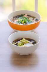asian meal - stir fried vegetable and egg soup