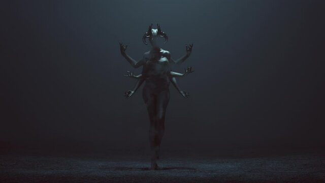 Sexy Multi-Armed Devil Woman in a foggy void 3d Illustration animation