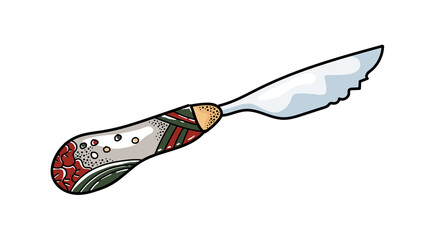 Abstract knife with ornament. Doodle cutlery with colored decoration. Vector illustration for icon, logo, menu, restaurant, bar.