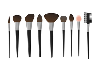 A set of different makeup brushes isolated on white. Collection of products for women's makeup. Vector illustration in a flat cartoon style. Makeup artist's kit.