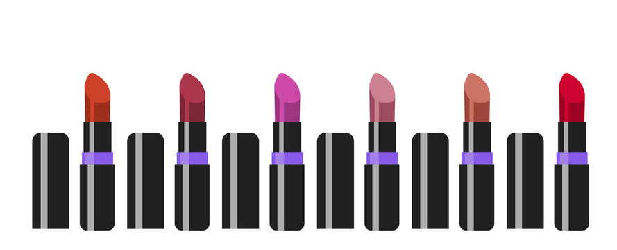 set of Red lipsticks. A collection of realistic lipsticks. Vector illustration. Wine lipstick in a black and purple case. Lip cosmetics. Make-up.