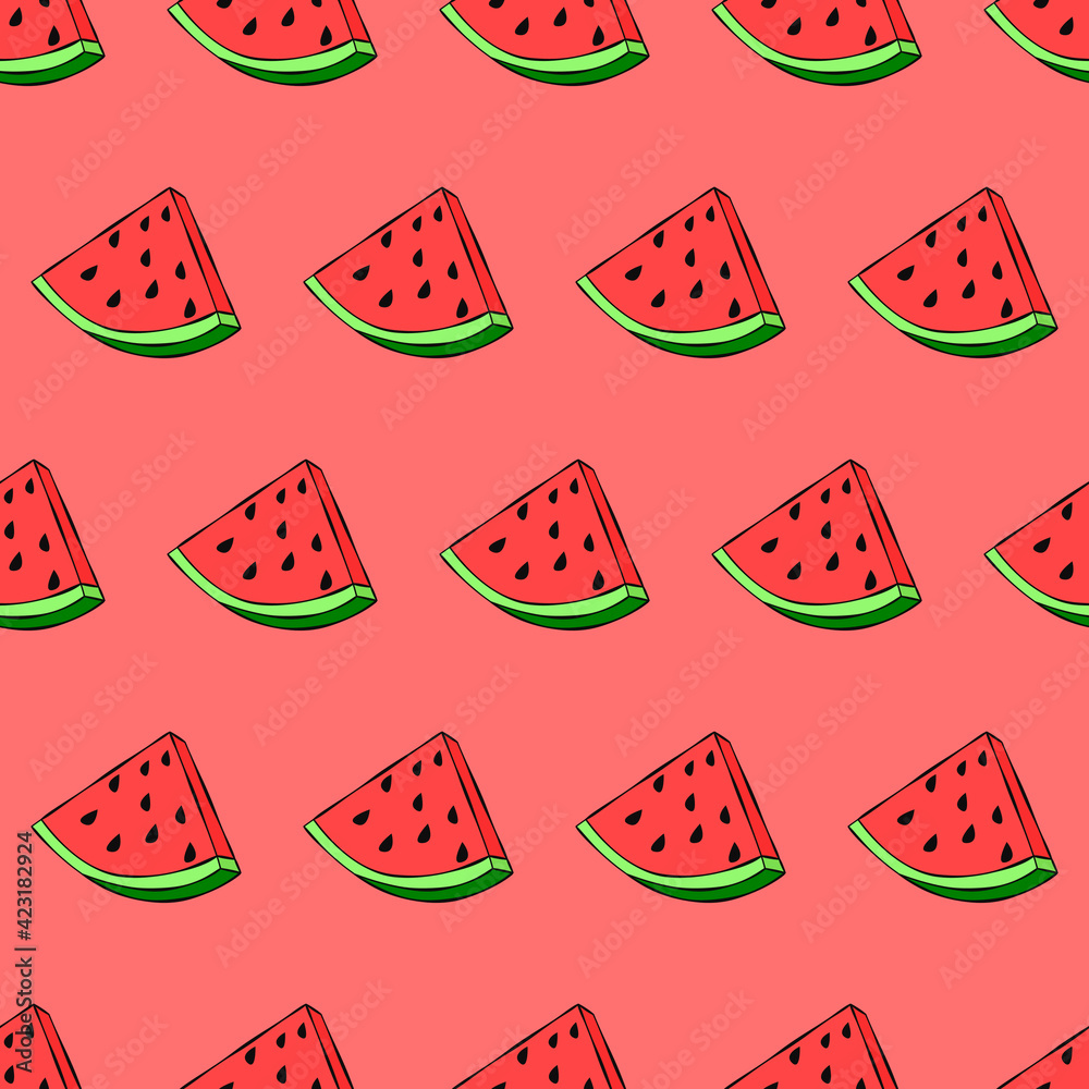 Poster Watermelon Seamless Pattern. Vector Slice Watermelon Wallpaper Pattern.