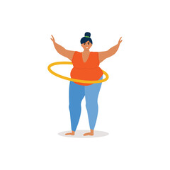 fat girl twists the hoop. Woman losing weight, playing sports, cardio training. Vector illustration, simple cartoon style
