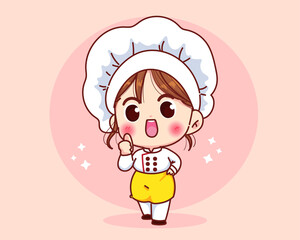 Cute chef girl smiling in uniform giving thumbs up cartoon art illustration logo