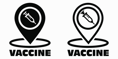 Vaccine and location icon. Syringe sign. The location of the hospital. Vector icon.