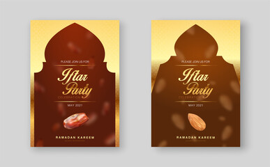 Set of Ramadan Kareem iftar party Wallpaper design template with realistic 3d illustration of dates fruit and arabic peanut floating or falling. Happy muslim holiday background 