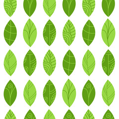 seamless pattern with green leaves. Repeating fragment. Bright vegetable background. Perfect print for fabric, textile sewing. Eco ornament for organic products. Vector illustration, doodle