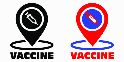 Vaccine and location icon. Syringe sign. The location of the hospital. Vector icon.