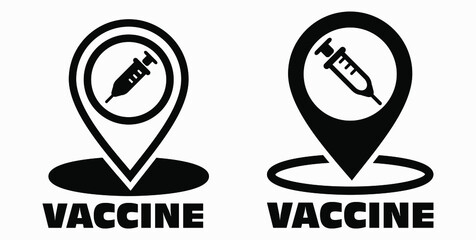 Vaccine and location icon. Syringe sign. The location of the hospital. Vector icon.