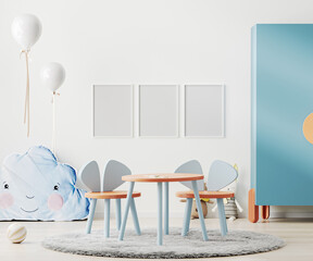 Frame mock up in modern kids playroom in scandinavian style with table and toys, balloons, children room interior mockup, 3d rendering