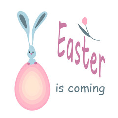  Easter is coming greetings with an cute  bunny, and an colorful egg . Cartoon Character for Easter Holiday. Vector illustration.
