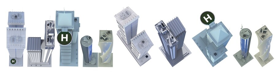 Set of fine detailed modern skyscrapers with fictional design and cloudy sky reflection - isolated, top view 3d illustration of skyscrapers