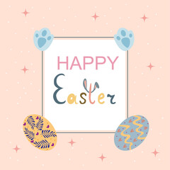 Happy Easter  greetings with an cute decorated eggs , abstract flowers and  text. Cartoon adorable Vector  illustration for Easter Holiday. 