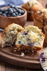 Blueberry Muffins on a Wooden Platter