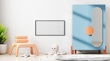 Blank horizontal frame mock up in modern children room interior background with white wall, scandinavian kids room interior, nursery room, 3d rendering