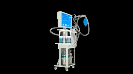 ICU covid ventilator renders isolated on black, medicine 3d illustration