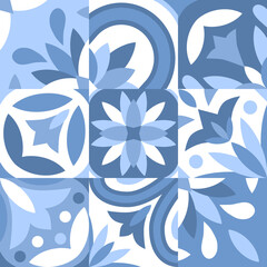 Fototapeta na wymiar Seamless pattern of 9 ceramic tiles in vintage style, pastel blue color palette