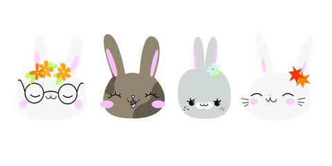 Cute rabbits with flowers. Collection and set of hares with glasses.