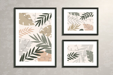Vector wall art set, posters collection with abstract botanical shapes and leaves, pastell colors
