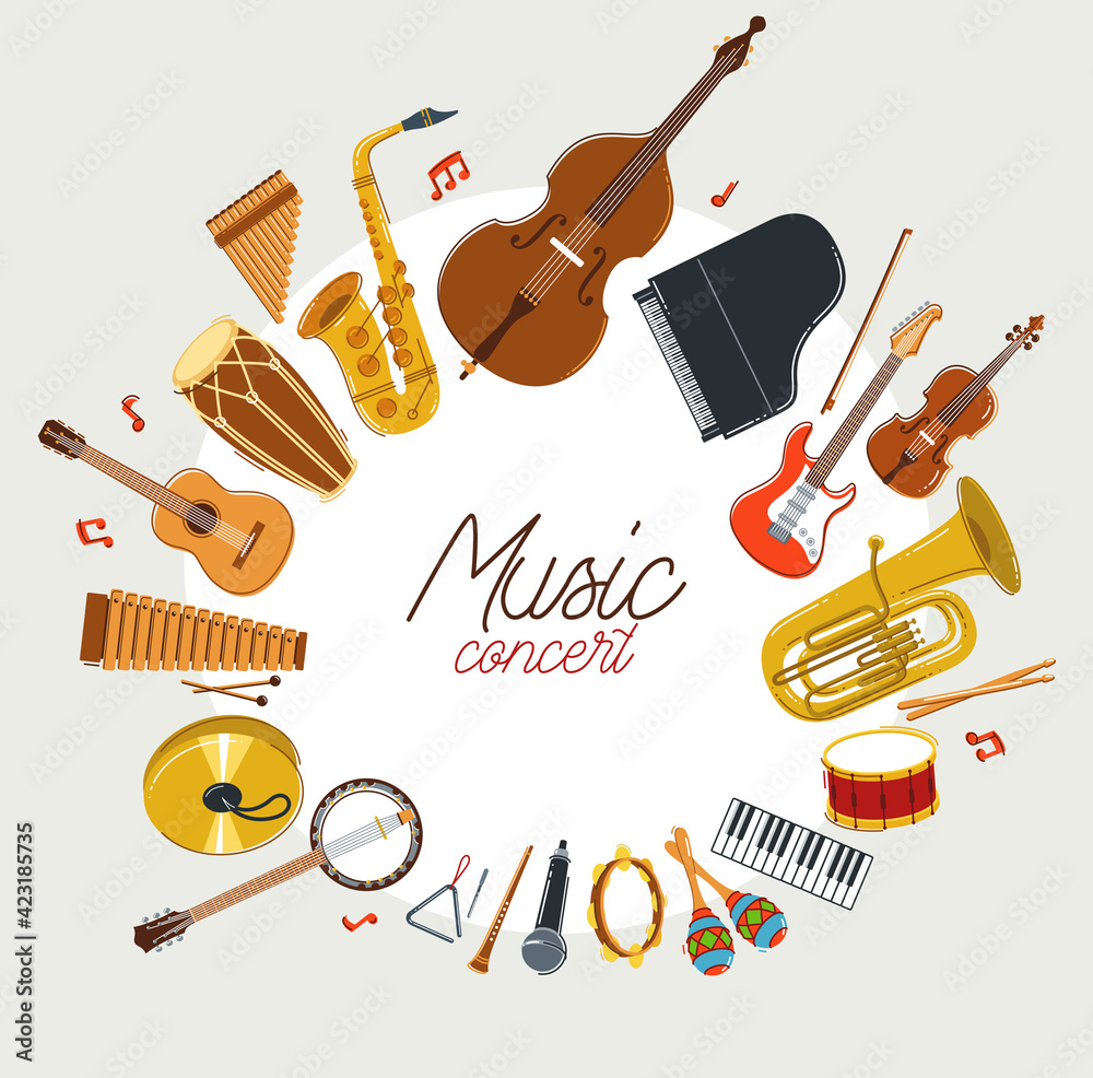 Wall mural music orchestra diverse instruments vector flat poster, live sound concert or festival, musical band