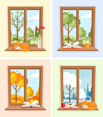 Windows with different seasons and weather landscapes. Vector set of wood windows with view of garden, forest. Landscape with tree, bush, field, hills. Spring, Summer, Autumn, Winter scene. Hygge