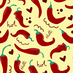 Seamless pattern of hand drawn red hot chilli peppers. Modern illustration.
