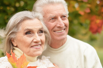 portrait of beautiful senior couple with leaves  in the park