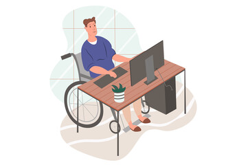Disabled man working on the computer. Young happy male freelancer with disability study online on the computer. Wheelchair man works remote. Vector flat illustration isolated on white