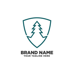 Mountain logo design template, evergreen logo, shield icon, tree pine camping vector, forest.