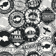 Almaty, Kazakhstan Set of Stamps. Travel Passport Stamps Pattern. Made In Product. Design Seals in Old Style Insignia Seamless. Icon Clip Art Vector Collection.