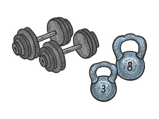 Sport equipment barbell and weights dumbbell color sketch engraving vector illustration. Scratch board style imitation. Black and white hand drawn image.