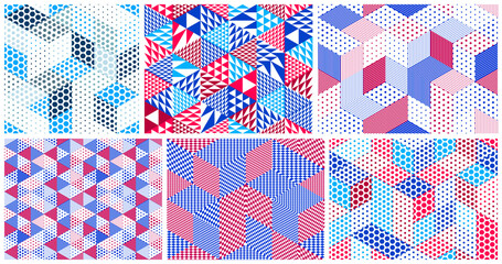 Obraz premium Dotted geometric 3D seamless patterns with cubes, dotty boxes blocks vector backgrounds set, architecture and construction, wallpaper designs.