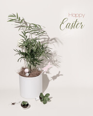 Easter composition with a potted home plant, decorative eggs, small sprouts planted in the egg shells and text on white background. The concept of preparing and celebrating Easter at home