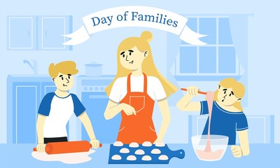 Cheerful children helping their mother in the kitchen. International Day of families - 15 May - increasing knowledge of the social, economic and demographic processes affecting families