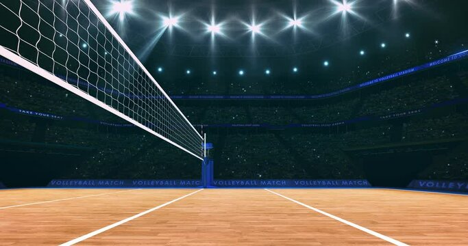 Volleyball court from the player's view under the net. Sport arena as 4k background animation in endless loop.
