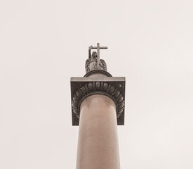 Alexander Column on Palace Square in the rain in St. Petersburg