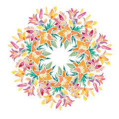 Botanical ornamental circle wreath with hand drawn colored lily flowers. Summer colorful vector floral ornate element isolated on white background.