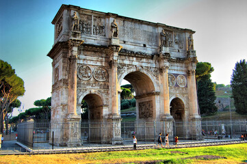Main monuments and points of interest in the city of Rome (Italy). Roman forum and Palatine. Arch of Constantine. Sunset