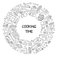 Food cooking kitchen doodle line icons vector set