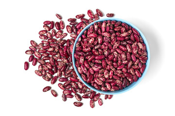 Red kidney beans in blue bowl isolated on white background Healthy eating, vegetable protein concept Flat lay Top view