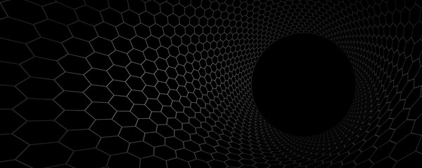 Technology vector abstract background with hexagons mesh, 3D abstraction of nanotechnology and science, electronics and digital style, wire net dimensional perspective.