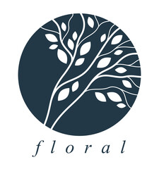 Stylish vector floral monogram isolated, graphic design leaves logo or emblem in a shape of circle, template for boutique or hotel or salon logo, classical style linear element.