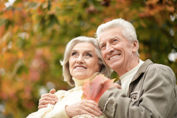 portrait of beautiful senior couple with leaves  in the park