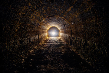 Abandoned prospecting adit. Tunnel at limestone at abandoned mine